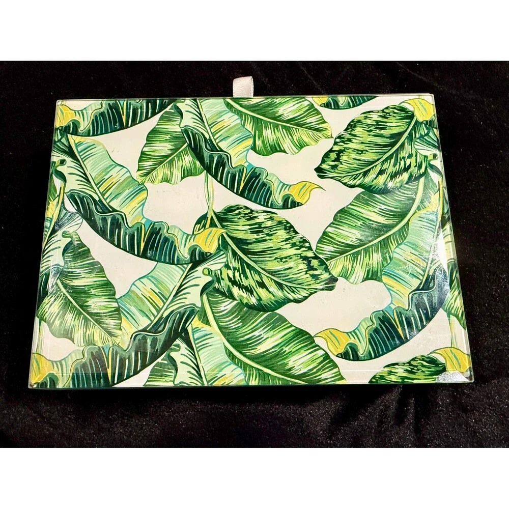Tommy Bahama Glass Keepsake Box Tropical Banana Leaf Print - Jewelry Box Storage